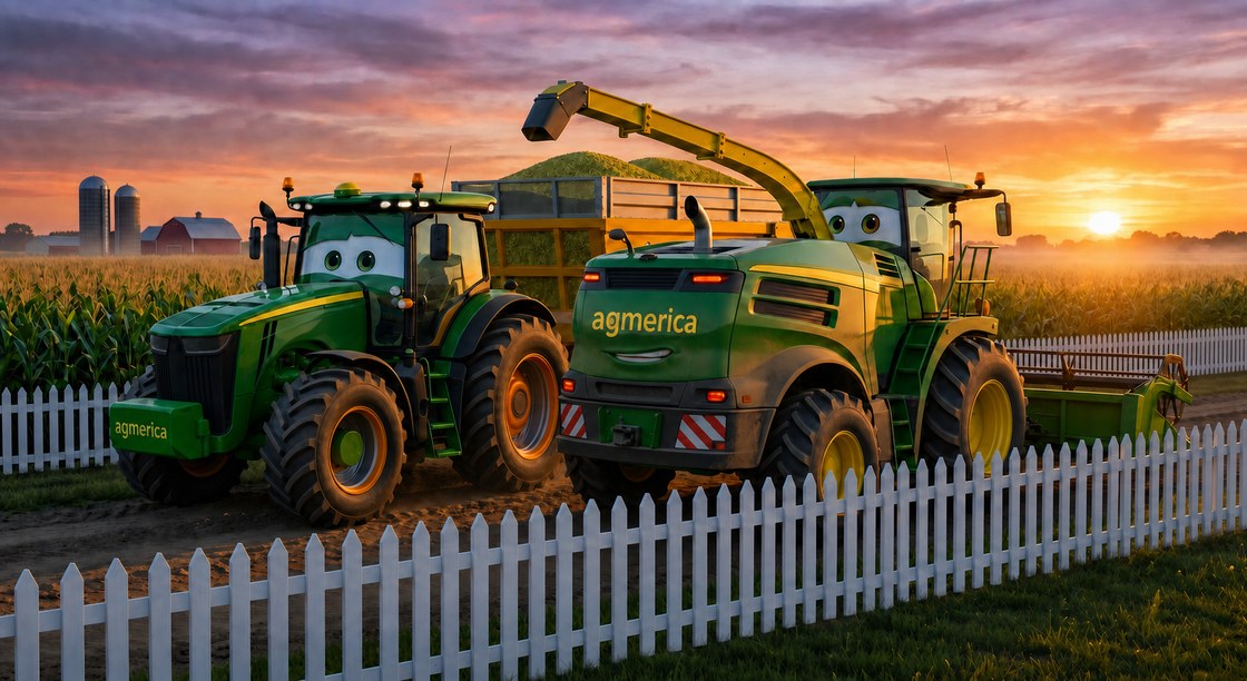 Ag'merica tractor and forage harvester working an Indiana corn field at sundown